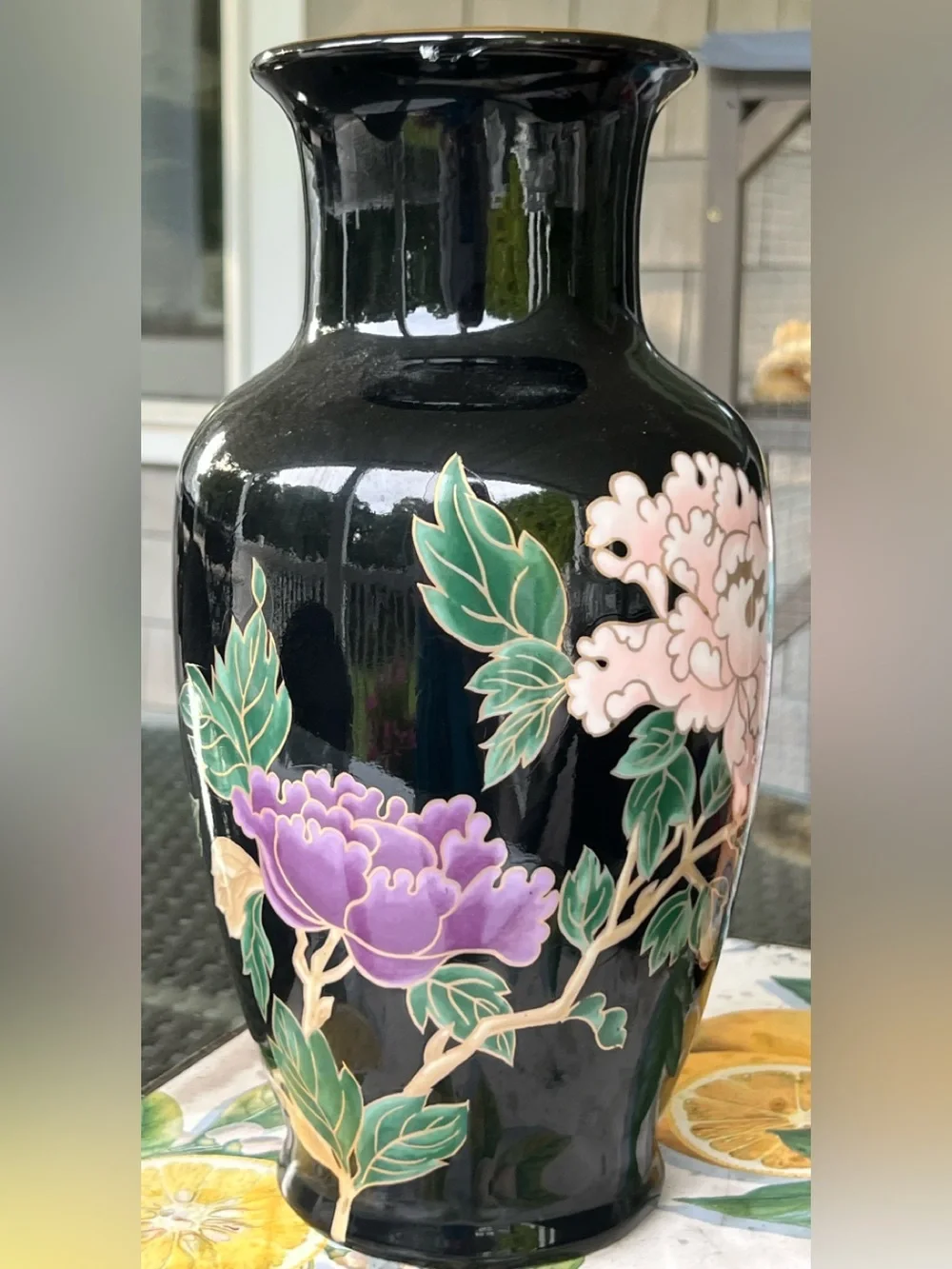 FITZ & FLOYD Cloisonne Peony Porcelain Vase Gilded Rim